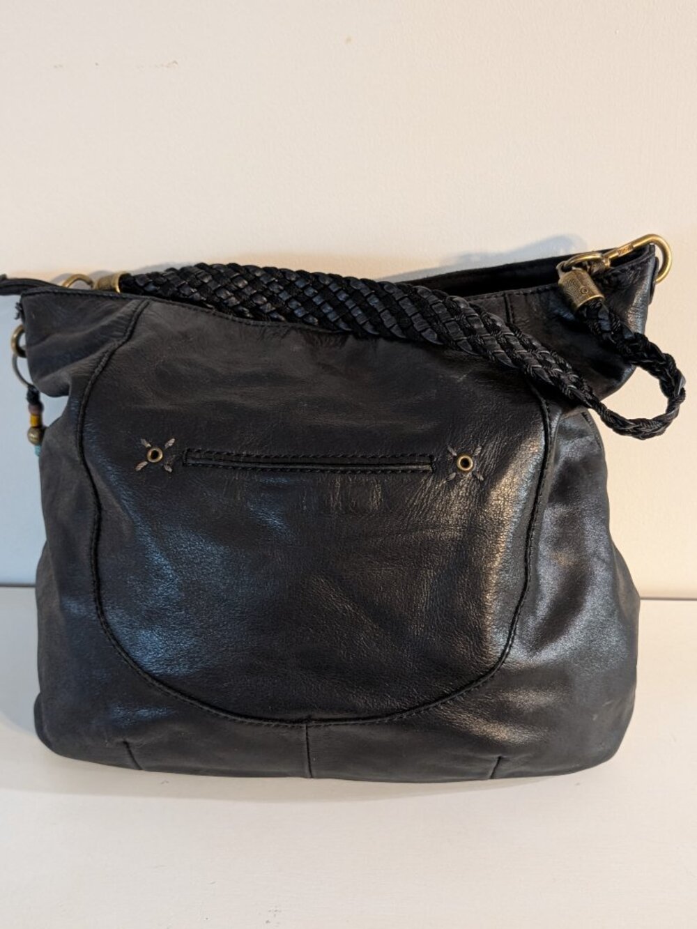 Vintage Boho Chic Indio Black Fine Leather Hobo Shoulder Bag with Braided Strap - Picture 2 of 5